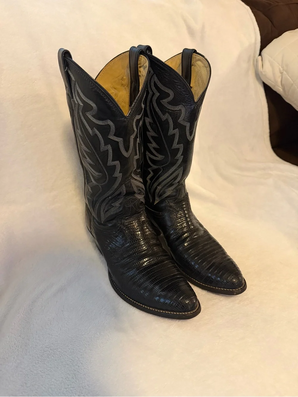 Vintage Justin Black Lizard Print Leather Western 10EE Cowboy Boots